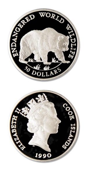 Cook Islands - Endangered Wildlife - Grizzly Bear - $50 - 1990 - Proof Silver Crown