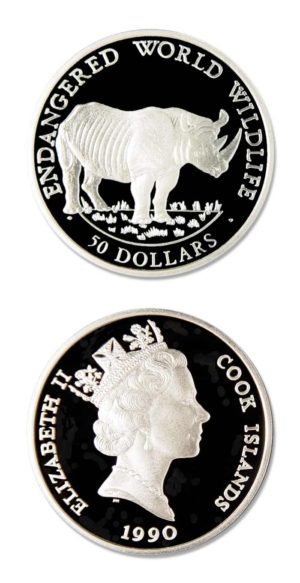 Cook Islands - Endangered Wildlife - Black Rhinoceros - $50 - 1990 - Proof Silver Crown