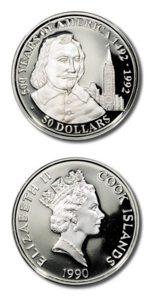 Cook Islands - 500 Years of America - Samuel de Champlain - 1990  - 50 Dollars - Proof Silver Crown