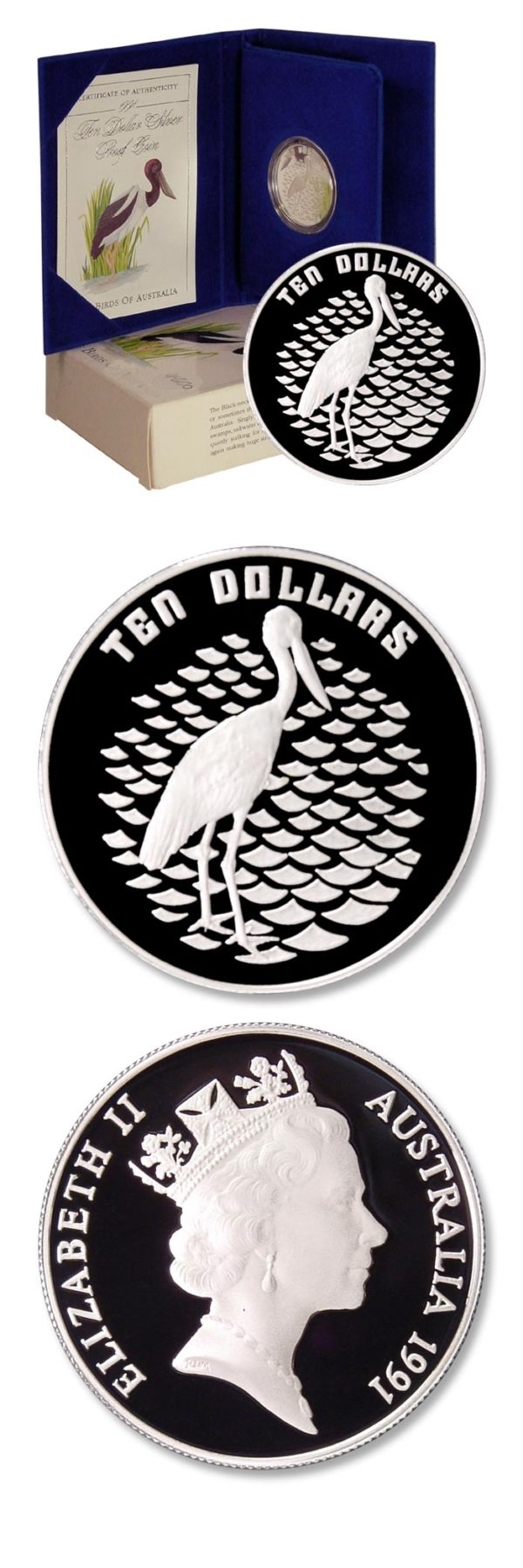 Australia - Black-necked or Jabiru Stork - 10 Dollars - 1991 - Proof Silver Crown - Box