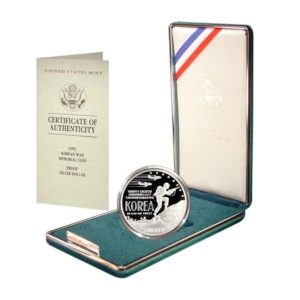 Korean War Commemorative Proof Silver Dollar Mint Box and COA