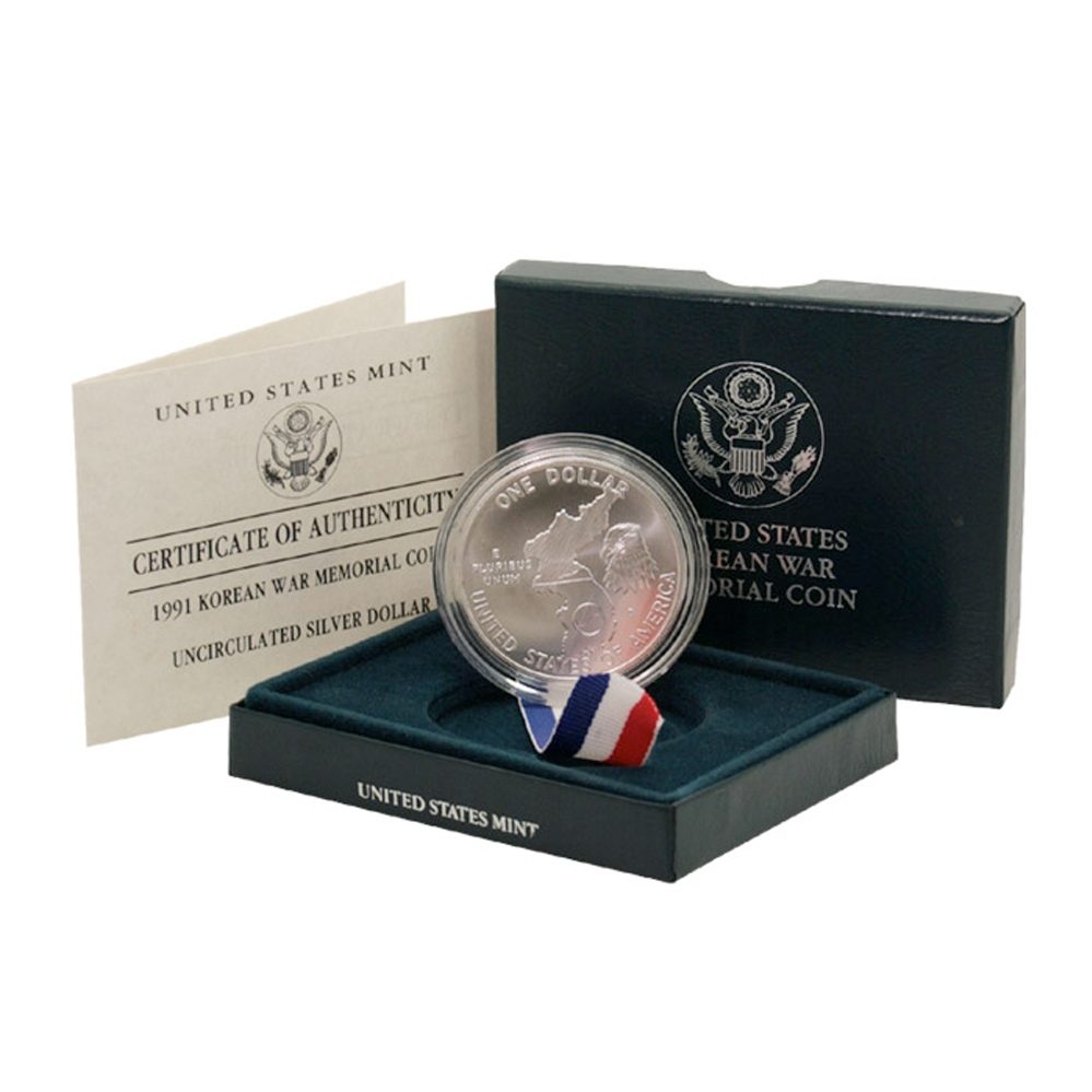 Original Packaging/COA 1991 Korean War Memorial Proof Silver Dollar Commem 