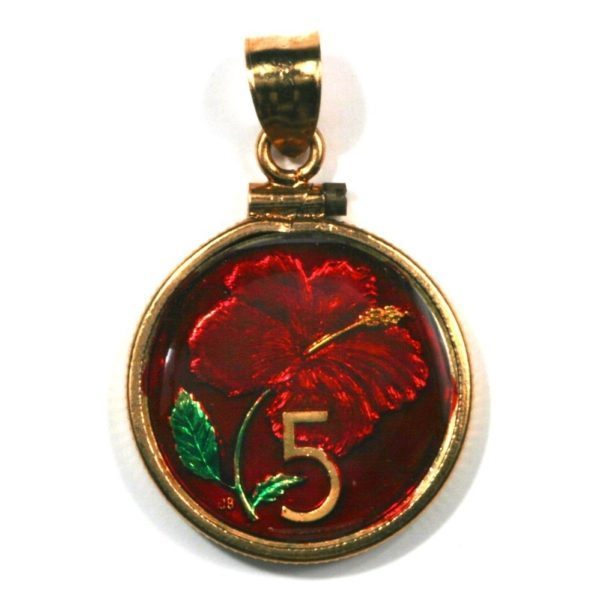 Cook Islands - Enameled Jewelry - Coin Pendant - Hibiscus Flower - 5 Cents - 1992  - with Bezel