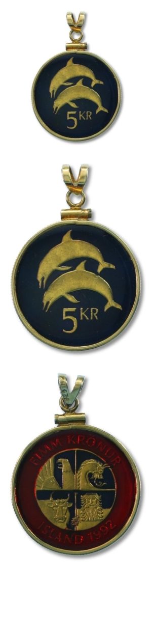 Iceland - Enameled Jewelry - Coin Pendant - Dolphins - 5 Kronur - 1992 - with Bezel