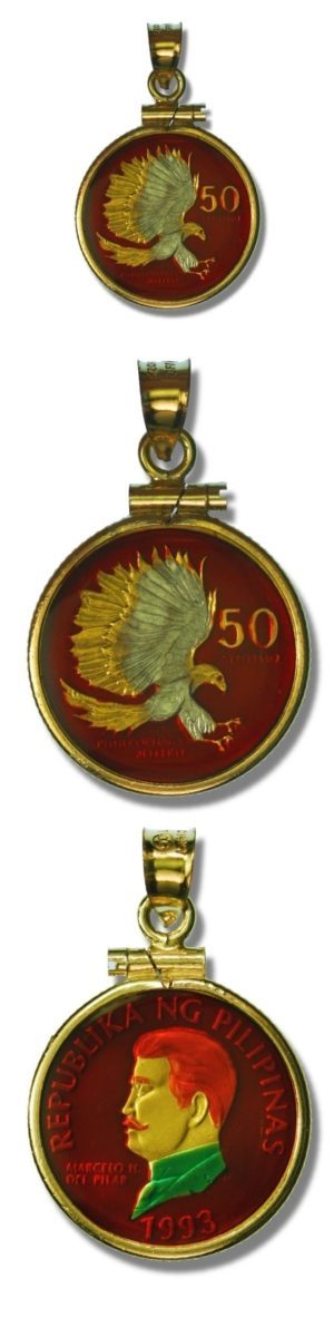 Philippines - Enameled Jewelry - Coin Pendant - Eagle - 50 Sentimo - 1993 - with Bezel