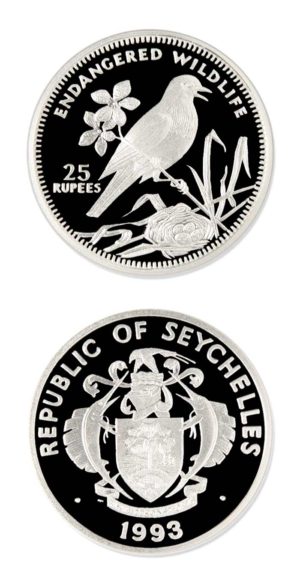 Seychelles - Magpie Robin - 1993 - 25 Rupees - Proof Silver Crown