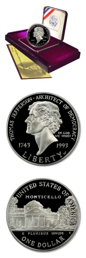 USA - Thomas Jefferson Commemorative - $1 - 1993 - Proof Silver - Mint Issued Case & COA