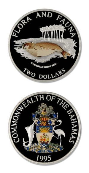 Bahamas - Caribbean Monk Seal - 1995 - $2 - Proof Silver Crown - Color