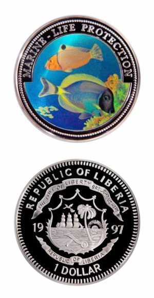 Liberia - Marine Life Protection - Coral Reef Marine Life - 1997 - One Dollar - Colored Proof Crown