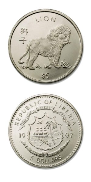 Liberia - Endangered Wildlife - Lion - $5 - 1997 - Brilliant  Uncirculated Crown