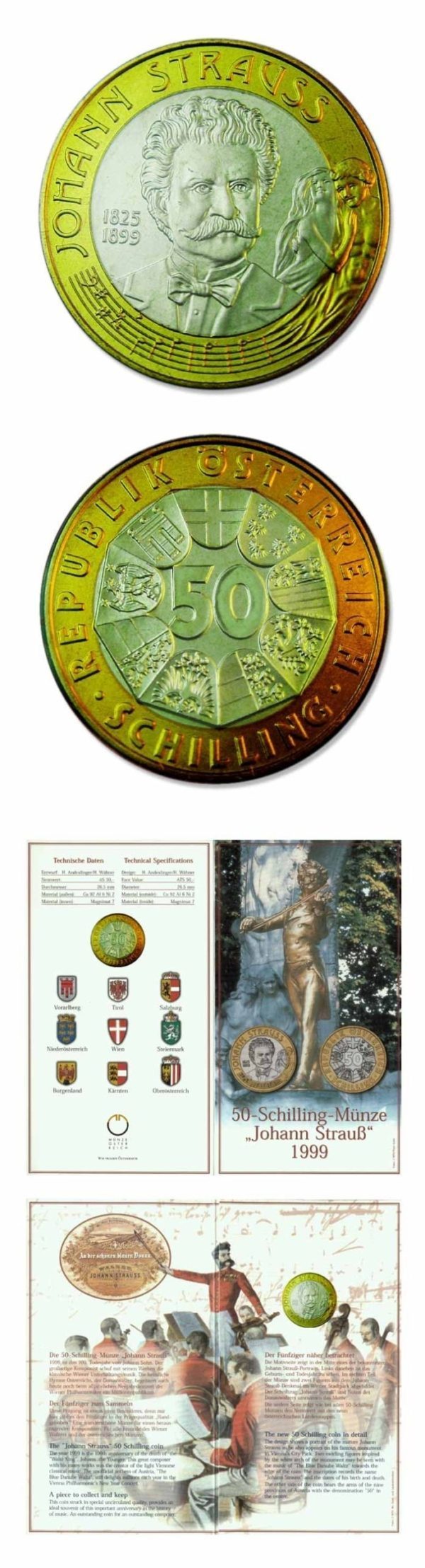Austria - Johann Strauss Commemorative - 1999 - 50 Schilling - Bimetallic Coin And Portfolio