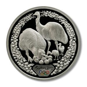 Australia - Sydney Olympics - Emus with Chicks - $5 - 2000 - Proof Silver Crown - Color Logo