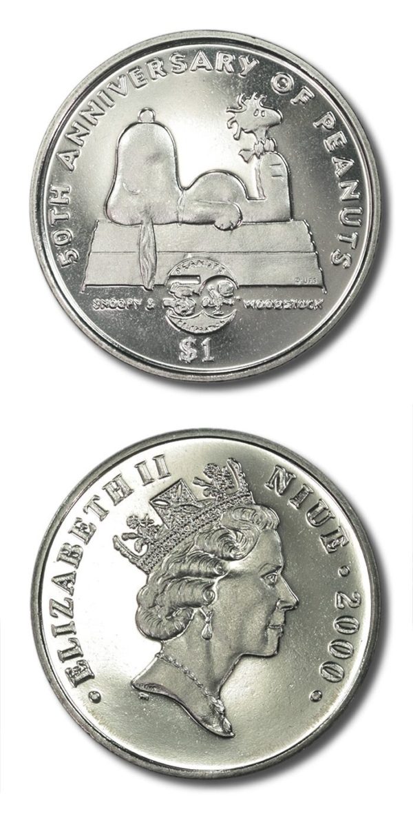 Niue-Snoopy & Woodstock-50th Anniversary of Peanuts-$1-2000 -Legal Tender Coin-Prooflike