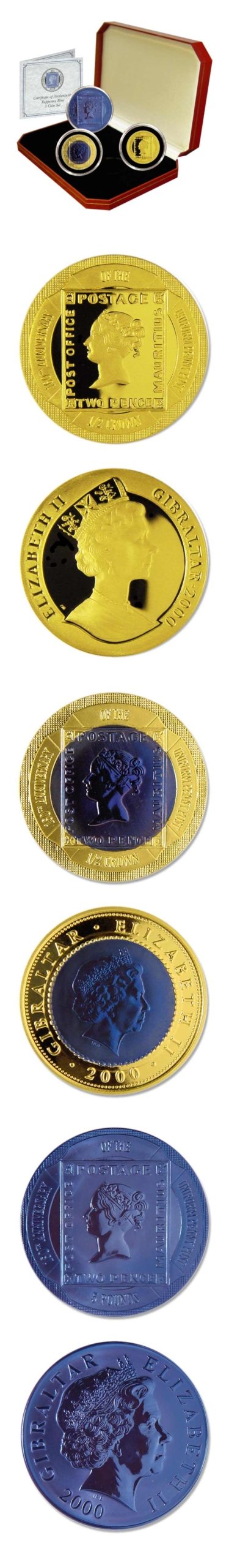 Gibraltar - Tuppenny Blue (3) Coin Set - 2000 - Case & COA - Titanium & Gold