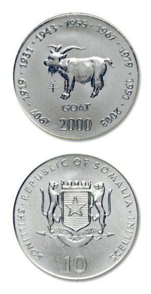 Somalia - Chinese Zodiac - Year Of The Ram - 10 Shillings - 2000 - Uncirculated