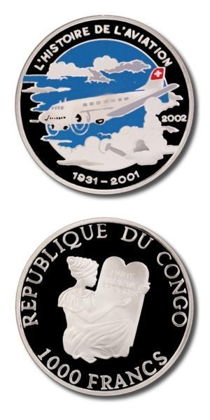 Congo Republic - Douglas DC-3 Aircraft - 1000 Francs - 2002 - Proof Silver Crown - Color
