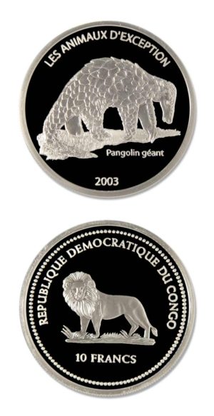 Democratic Republic Of Congo - Pangolin - Scaly Anteater - 2003 - 10 Francs - Proof Silver Crown