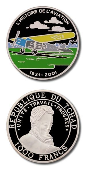 Chad - Fokker F7a Aircraft - 1000 Francs - 2003 - Proof Silver Crown - Color