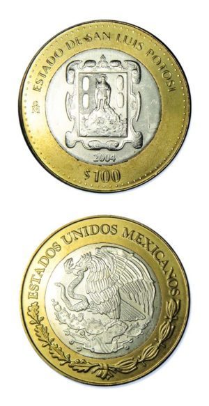Mexico-State Of San Luis Potosi-2004-100 Pesos Silver & Brass Bimetallic Crown-0.64865 ASW