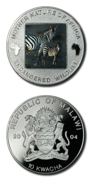 Malawi-Mother Nature of Africa-Zebra & Foal-10 Kwacha-2004 -Proof Colored Crown-KM-60