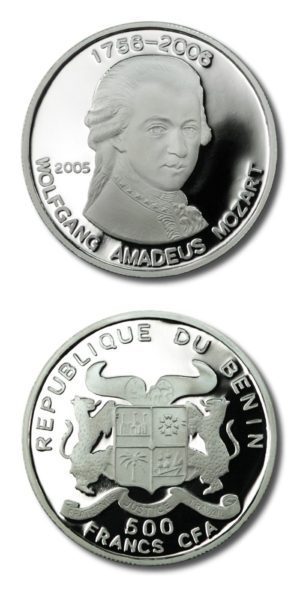 Benin - Wolfgang Amadeus Mozart - 500 Francs CFA - 2005 - Proof Silver Crown