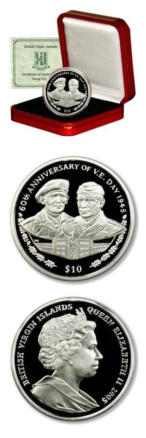 British Virgin Islands-World War II-VE-Day-$10-2005-Proof Silver Crown-Mint Box & COA