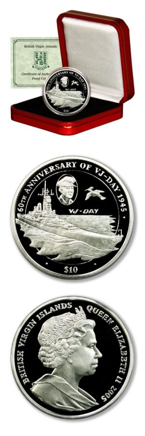 British Virgin Islands-World War II-VJ-Day-$10-2005-Proof Silver Crown-Mint Box & COA