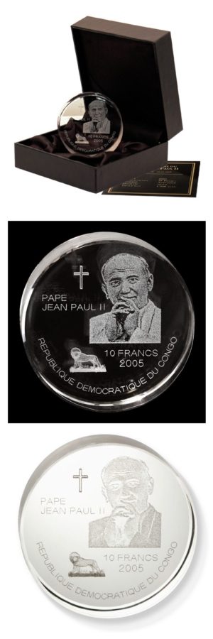 D.R. Congo - In Memorium - Pope John Paul II - 10 Francs - 2005  - 50 mm Acrylic - Mint Box/COA