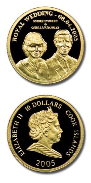 Cook Isl. - Royal Wedding - Prince Charles/C. Bowles - $10 - 2005 - 1/25th Ounce .999 - Proof Gold