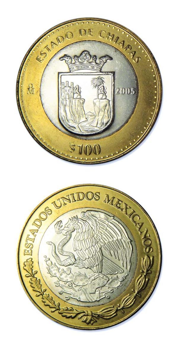 Mexico - State Of Chiapas - 2005 - 100 Pesos Silver & Brass Bimetallic Crown - 0.64865 ASW