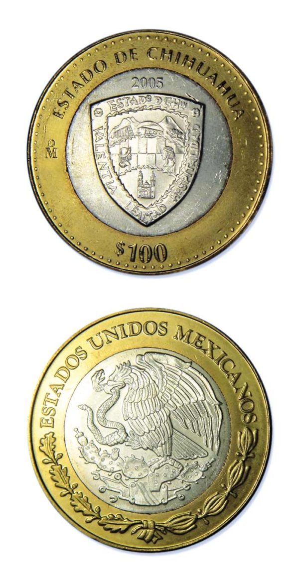 Mexico - State Of Chihuahua - 2005 - 100 Pesos Silver & Brass Bimetallic Crown - 0.64865 ASW