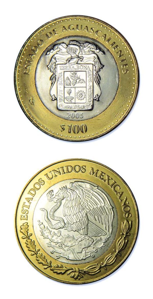 Mexico-State Of Aguascalientes-2005-100 Pesos Silver & Brass Bimetallic Crown-0.64865 ASW