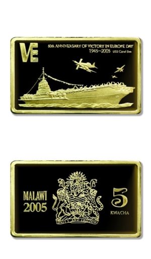 Malawi-60th Anniversary of VE Day-USS Coral Sea  CVA-43-5 Kwacha-2005-Gilded-Proof Crown