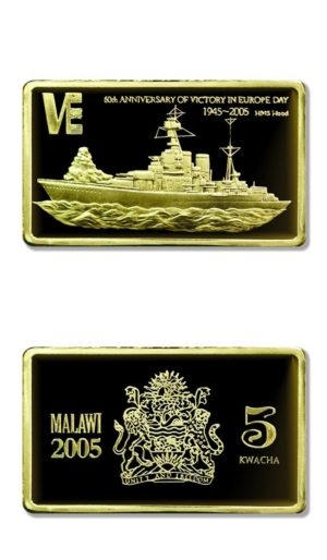 Malawi - 60th Anniversary of VE Day - HMS Hood - 5 Kwacha - 2005 - Gilded - Proof Crown
