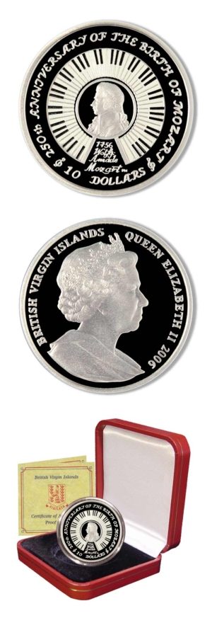 British Virgin Islands - Amadeus Mozart - 2006 - Ten Dollars - Proof Enameled Silver Crown - COA