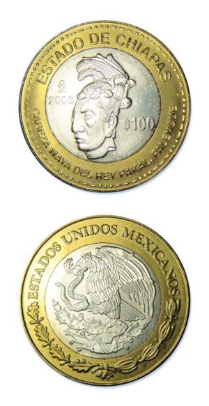 Mexico-State Of Chiapas-Mayan Bust-2006-100 Pesos Silver & Brass Bimetallic Crown-0.64865