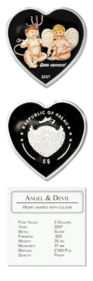 Palau - Angel & Devil - Legal Tender Heart Shaped Proof Silver Crown - $5 - 2007 -  COA