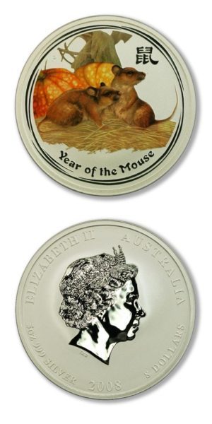 Australia - Perth Mint - Year of the Mouse (Rat) - $8 - 2008 - 5 Ounces .999 Silver - Color