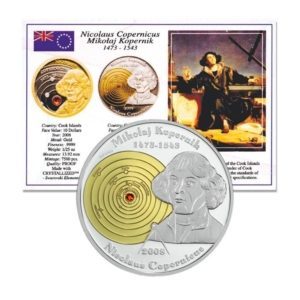 Cook Islands - Nicolaus Copernicus - $5 - 2008 - Proof Silver Crown - Swarovski Crystal - COA