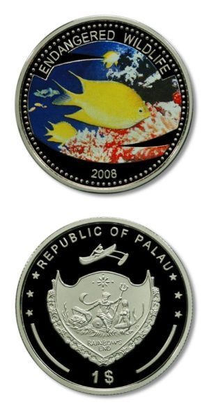 Palau - Endangered Wildlife - Golden Reef Perch - $1 - 2008 - Proof Crown - Color