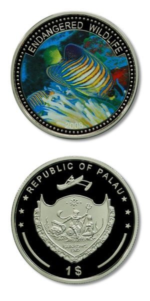 Palau - Endangered Wildlife - Striped Tropical Fish - $1 - 2008 - Proof Crown - Color