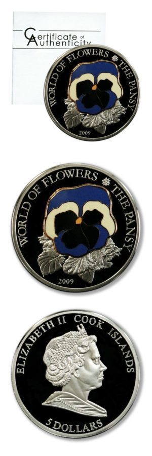 Cook Islands - World of Flowers - Pansy - Cloisonne - $5 - 2009 - Proof Silver Crown - COA