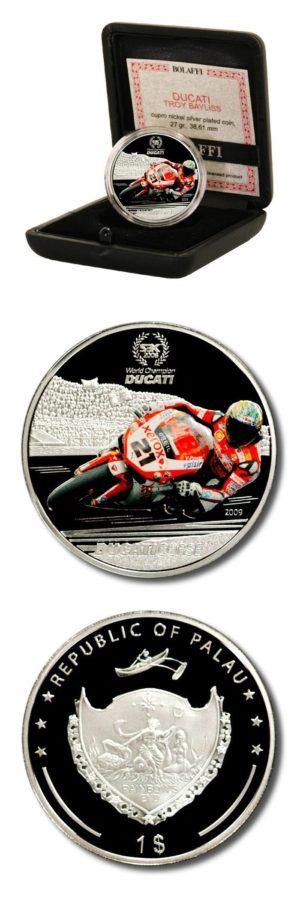 Palau - Ducati -Troy Bayliss - $1 - 2009 - Proof Silver Plated Crown - Case & COA