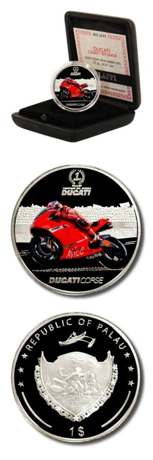 Palau - Ducati - Casey Stoner - $1 - 2009 - Proof Silver Plated Crown - Case & COA
