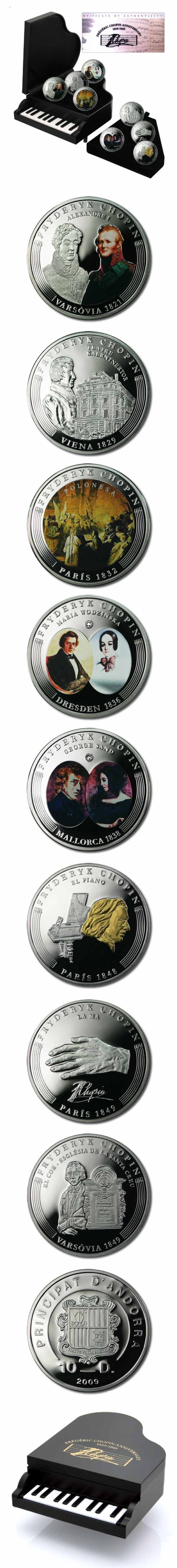 Andorra - Life of Frederic Chopin - 8 Coin Set - 2009 - Proof Silver Crowns - Mint Packaging