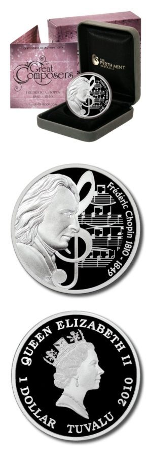 Tuvalu - Frederic Chopin - $1 - 2010 - Proof Silver Crown - Mint Box & COA