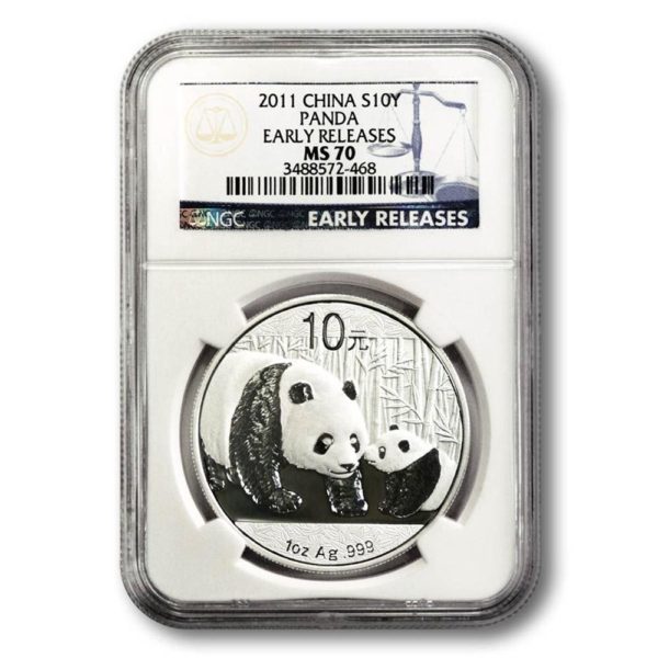 China-Mother Panda and Cub-10 Yuan-2011 -1 oz .999 Silver Crown-NGC MS-70 Early Release