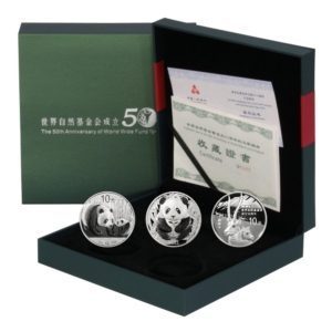 China-50th Anniversary-World Wildlife Fund-2 Silver Coins + WWF Medal-2011 -Mint Box-COA