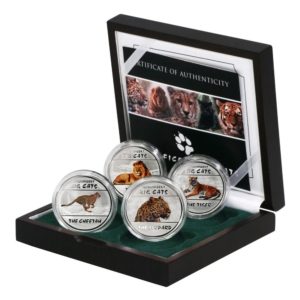 DRC - Magnificent Big Cats - 30 Francs - 2011  - (4) Colored Proof Silver Crowns - Wood Case - COA