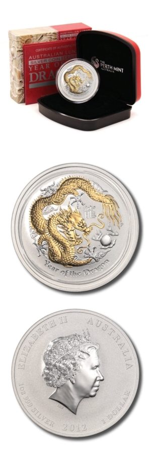 Australia - Year of the Dragon - 1 oz - 2012  - Gilded Br. Uncirculated Crown - Perth Mint Case/COA